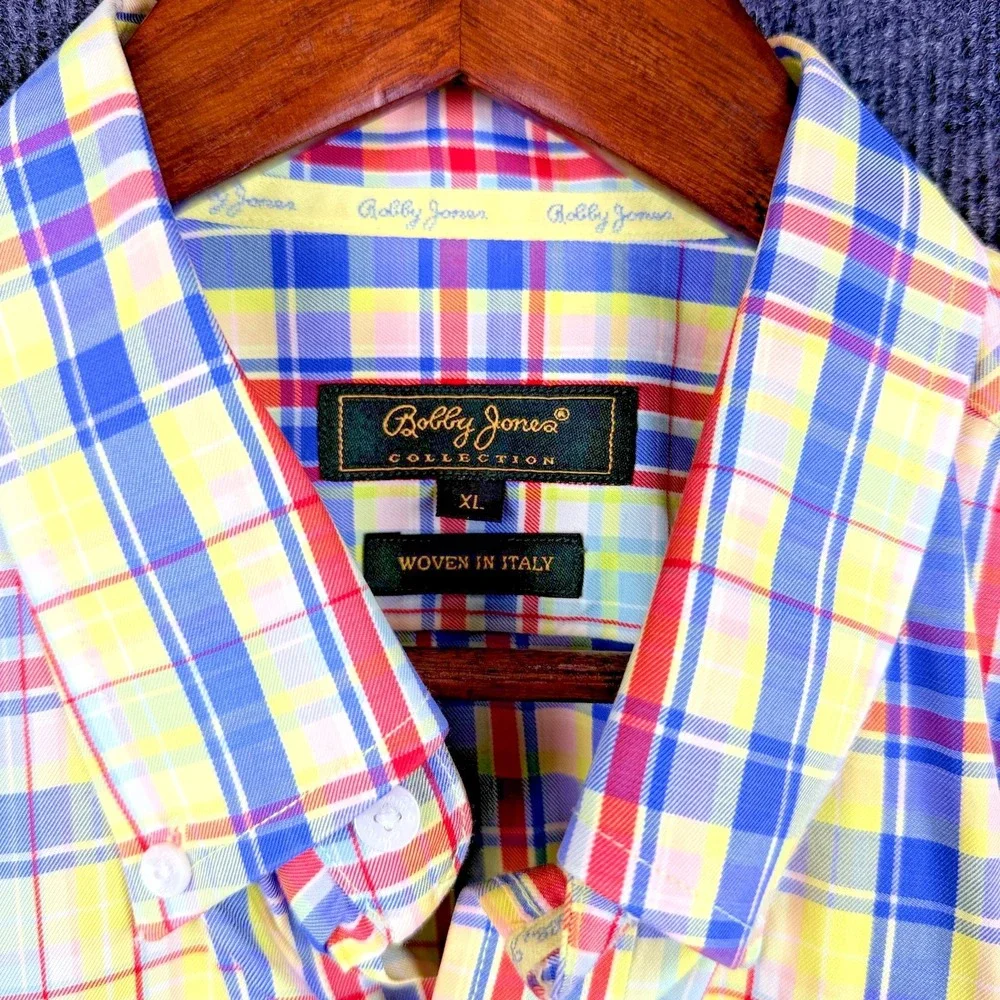 Bobby Jones Collection Shirt Mens XL Plaid Woven in Italy Button Down Cotton